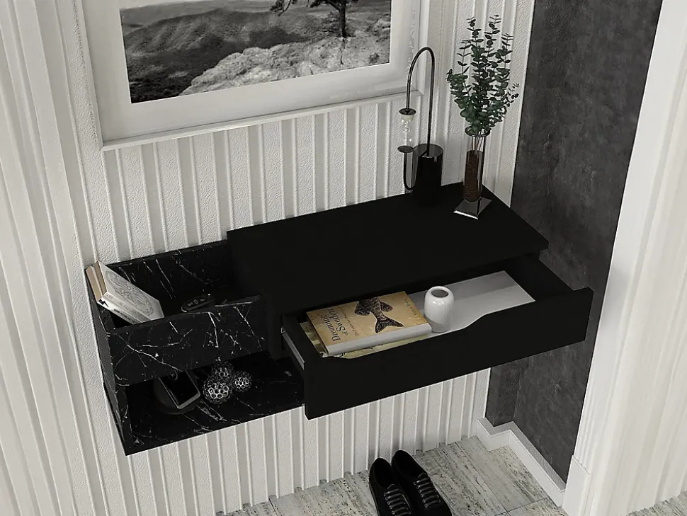 Console suspendue avec 1 tiroir et 2 niches - Effet marbre noir - DAREKA