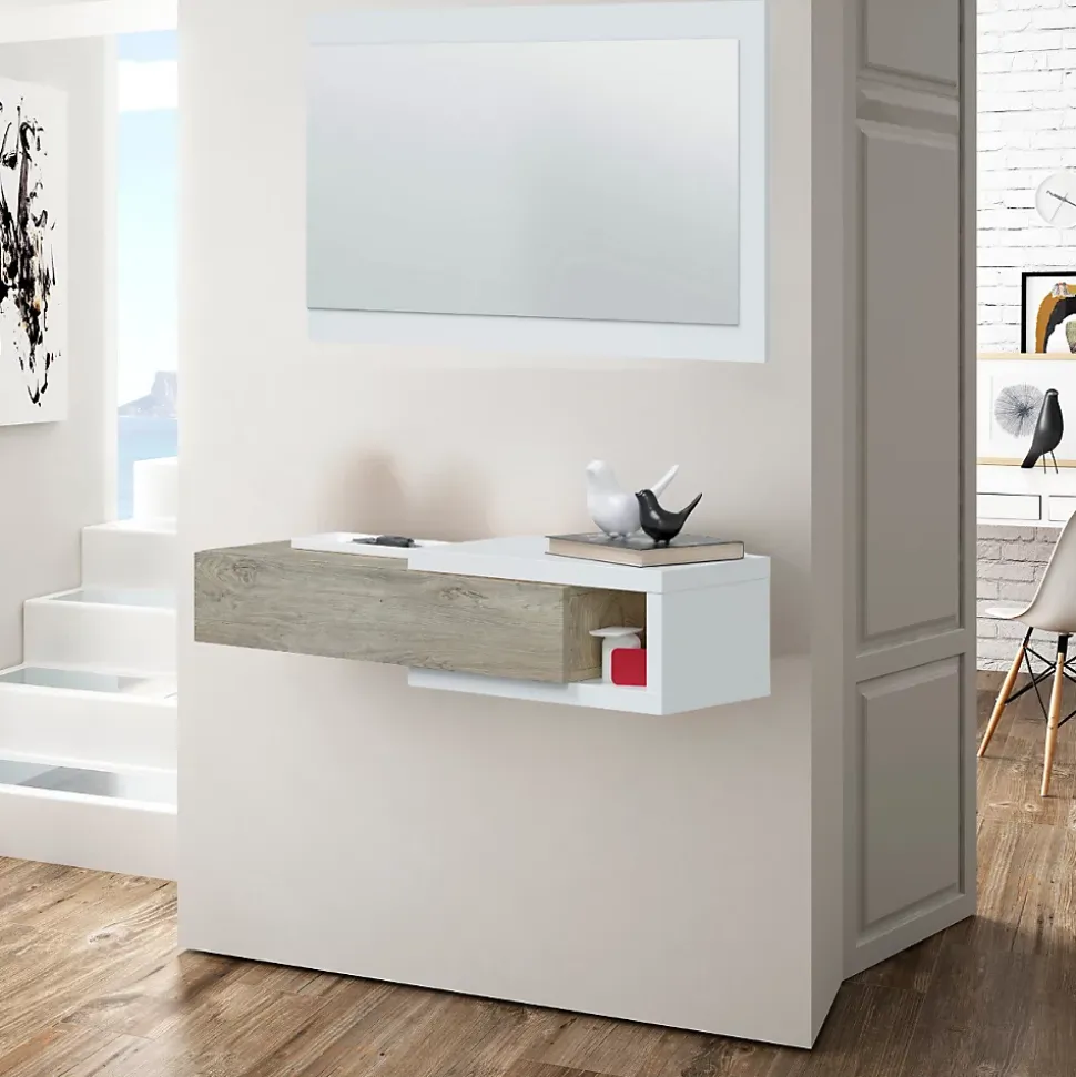 Console suspendue réversible avec 1 tiroir et 1 miroir L95 cm - NOON