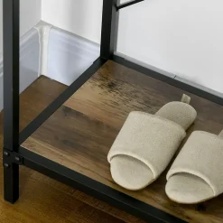 Console table d'appoint design industriel 3 tiroirs étagère acier noir panneaux particules aspect bois vieilli