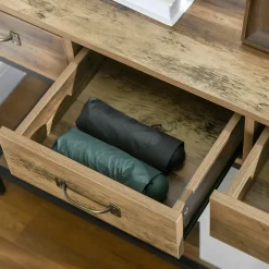 Console table d'appoint design industriel 3 tiroirs étagère acier noir panneaux particules aspect bois vieilli
