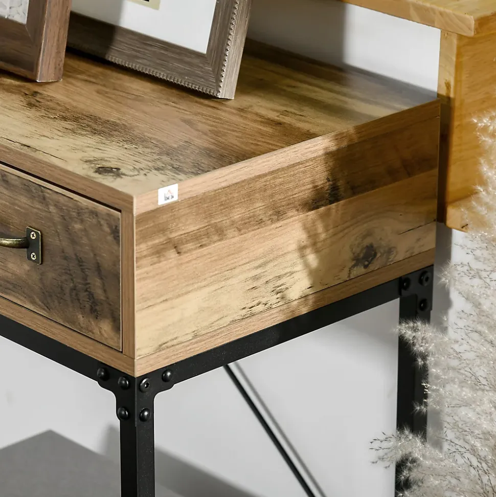 Console table d'appoint design industriel 3 tiroirs étagère acier noir panneaux particules aspect bois vieilli