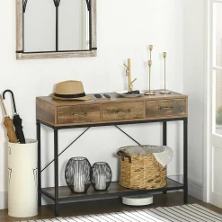 Console table d'appoint design industriel 3 tiroirs étagère acier noir panneaux particules aspect bois vieilli