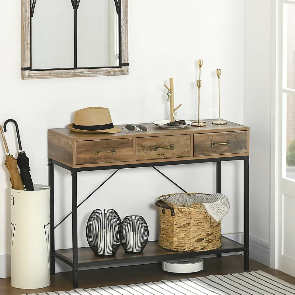 Console table d'appoint design industriel 3 tiroirs étagère acier noir panneaux particules aspect bois vieilli