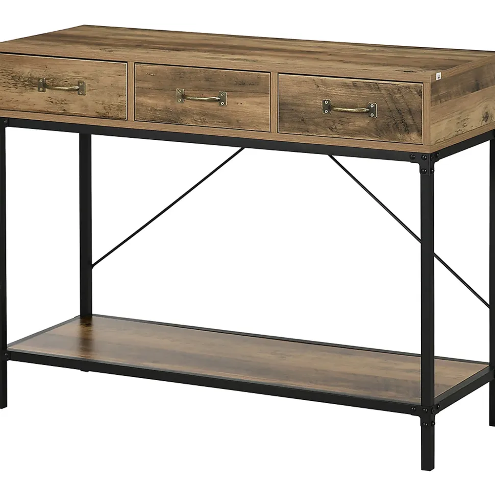 Console table d'appoint design industriel 3 tiroirs étagère acier noir panneaux particules aspect bois vieilli