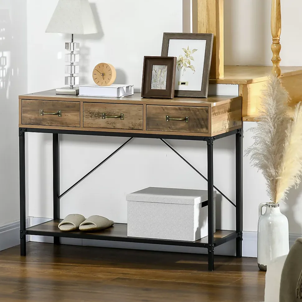 Console table d'appoint design industriel 3 tiroirs étagère acier noir panneaux particules aspect bois vieilli