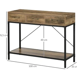Console table d'appoint design industriel 3 tiroirs étagère acier noir panneaux particules aspect bois vieilli
