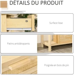 Console table d'appoint dim. 100L x 30l x 76H cm 2 tiroirs façades cannage en rotin étagère MDF aspect bois clair