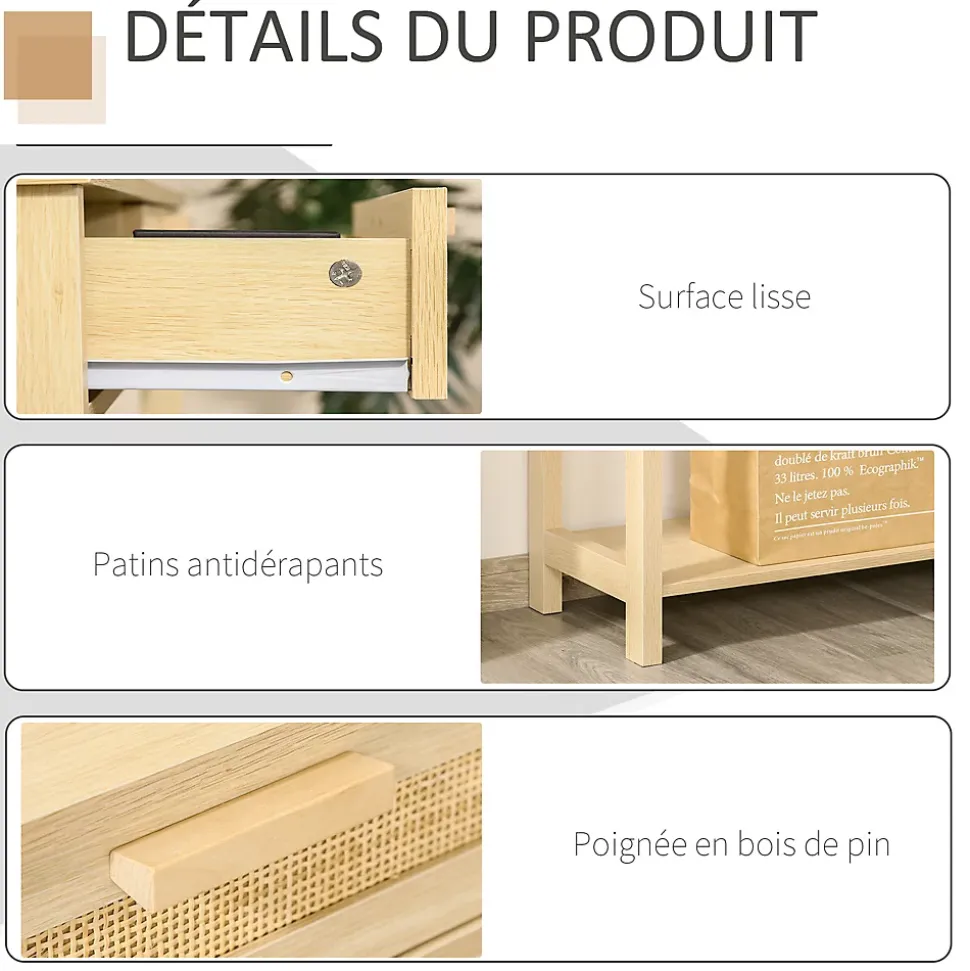 Console table d'appoint dim. 100L x 30l x 76H cm 2 tiroirs façades cannage en rotin étagère MDF aspect bois clair