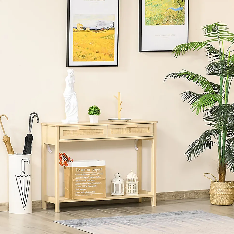 Console table d'appoint dim. 100L x 30l x 76H cm 2 tiroirs façades cannage en rotin étagère MDF aspect bois clair