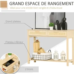 Console table d'appoint dim. 100L x 30l x 76H cm 2 tiroirs façades cannage en rotin étagère MDF aspect bois clair