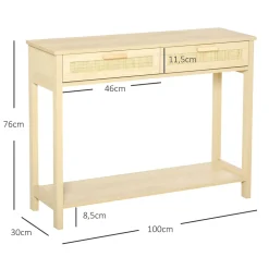 Console table d'appoint dim. 100L x 30l x 76H cm 2 tiroirs façades cannage en rotin étagère MDF aspect bois clair