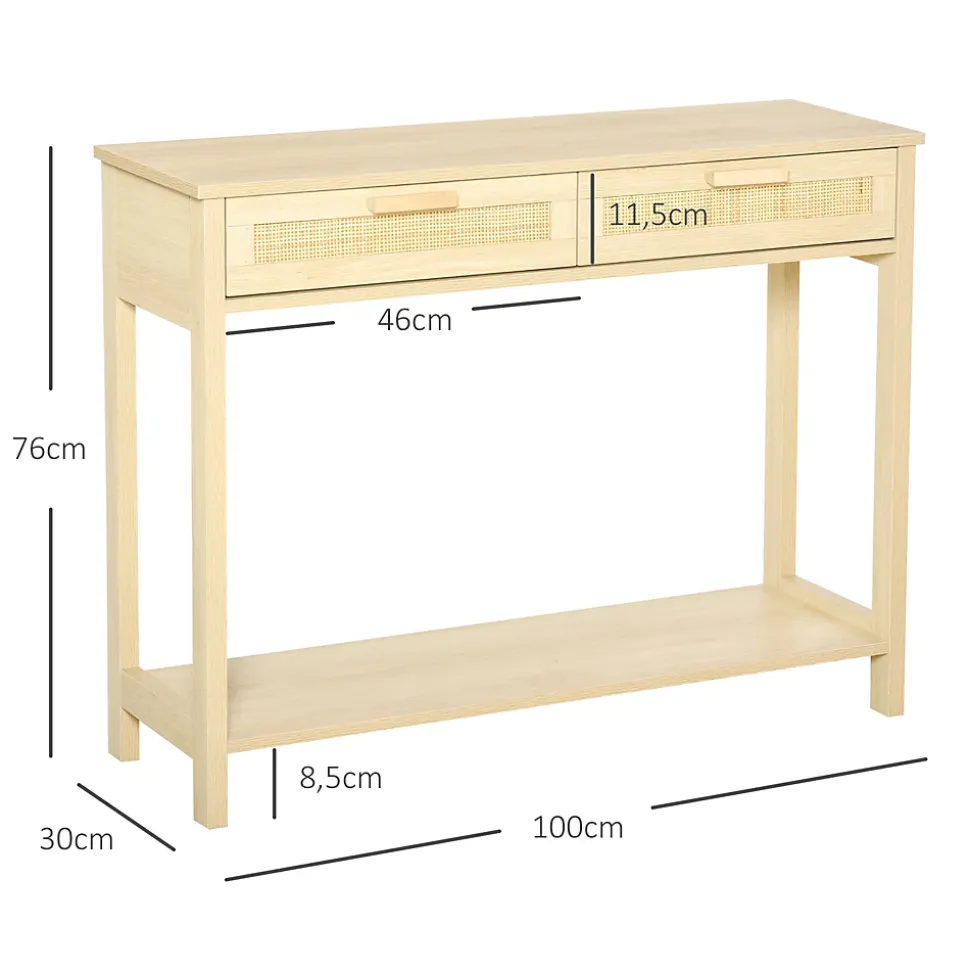 Console table d'appoint dim. 100L x 30l x 76H cm 2 tiroirs façades cannage en rotin étagère MDF aspect bois clair