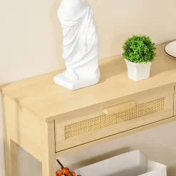 Console table d'appoint dim. 100L x 30l x 76H cm 2 tiroirs façades cannage en rotin étagère MDF aspect bois clair