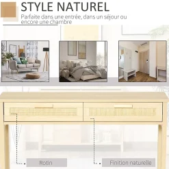 Console table d'appoint dim. 100L x 30l x 76H cm 2 tiroirs façades cannage en rotin étagère MDF aspect bois clair