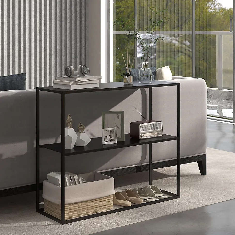 Console table d'appoint style contemporain avec étagère - dim. 90L x 30l x 75H cm - acier noir