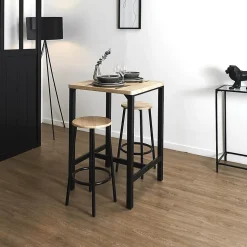 CORTEZ - Ensemble Table Haute et 2 Tabourets en MDF et Pieds Métal Noir