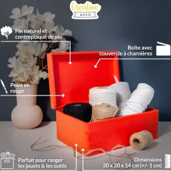 Creative Deco Boite de Rangement en Bois Rouge 30 x 20 x 14 cm (+/- 1 cm) - Avec Couvercle - Boîte à Souvenirs - Boîte à Jouets