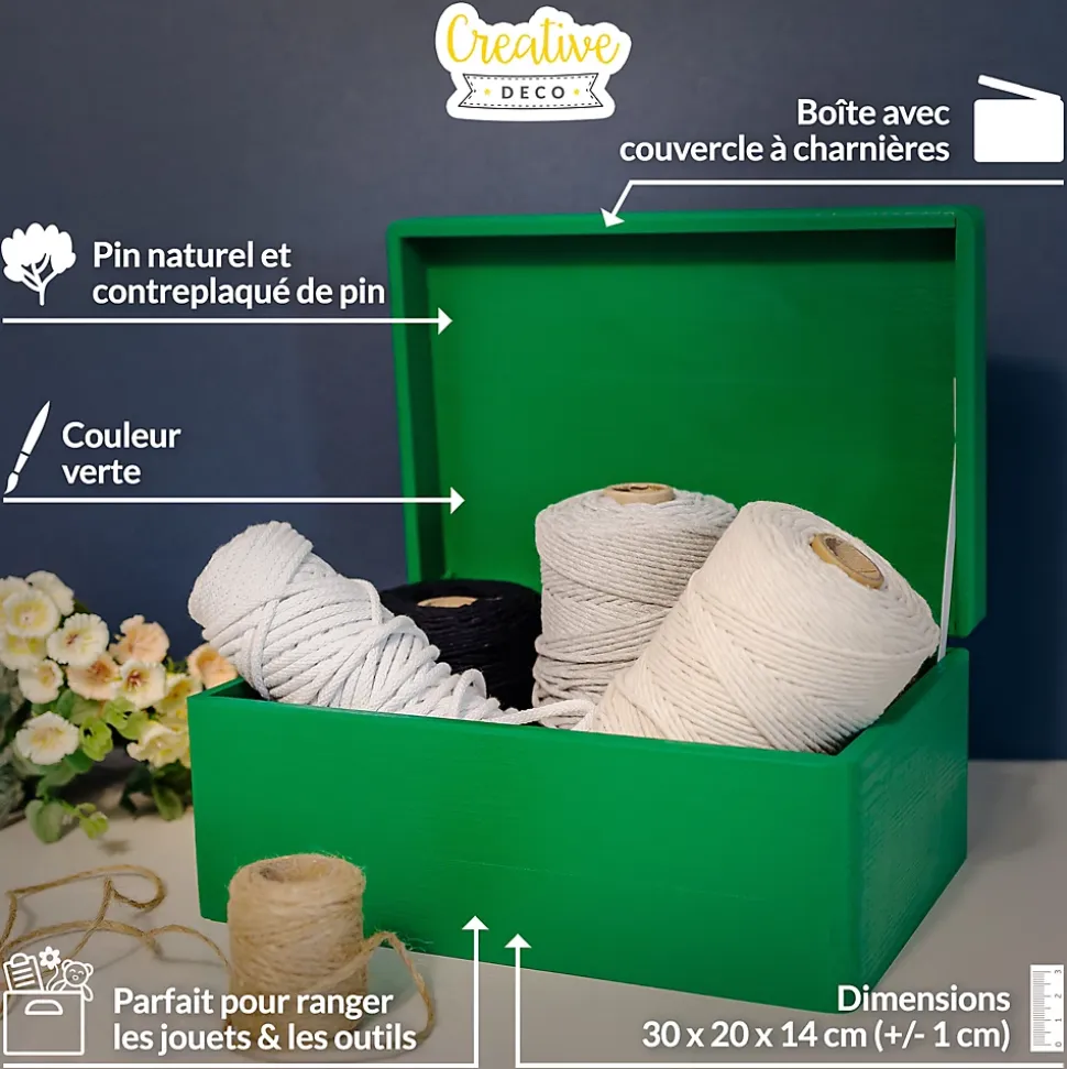 Creative Deco Boite de Rangement en Bois Vert 30 x 20 x 14 cm (+/- 1 cm) - Avec Couvercle - Boîte à Souvenirs - Boîte à Jouets