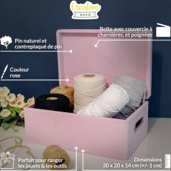 Creative Deco Boite de Rangement en Bois Rose 30 x 20 x 14 cm (+/-1cm) - Couvercle et Poignées - Boîte Souvenirs - Boîte à Jouets