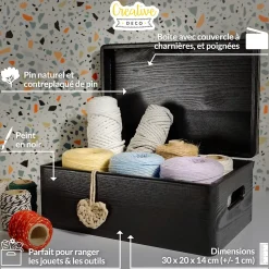 Creative Deco Boite de Rangement en Bois Noir 30 x 20 x 14 cm (+/-1cm) - Couvercle et Poignées - Boîte Souvenirs - Boîte à Jouets