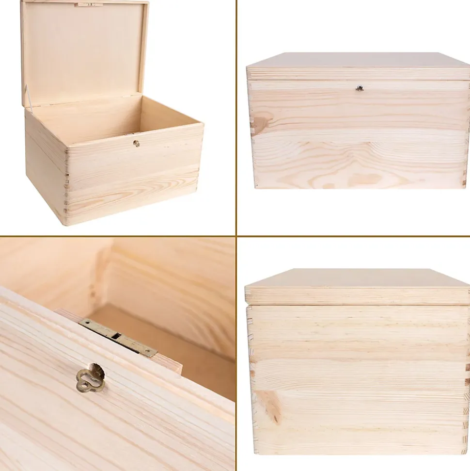 Creative Deco Boîte en Bois avec Clé - 40 x 30 x 24 cm - Boîte de Rangement Non Peinte et Brut - Coffre à Souvenirs avec Couvercle