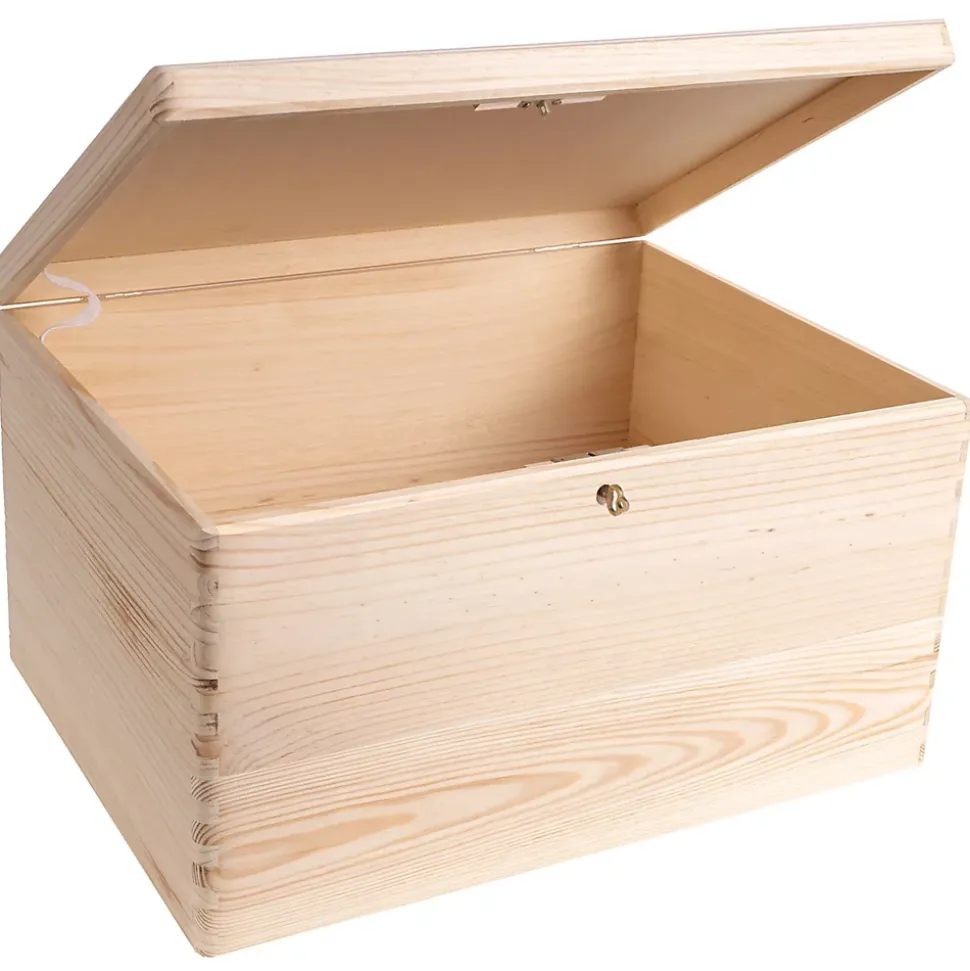 Creative Deco Boîte en Bois avec Clé - 40 x 30 x 24 cm - Boîte de Rangement Non Peinte et Brut - Coffre à Souvenirs avec Couvercle
