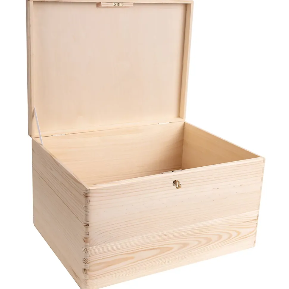 Creative Deco Boîte en Bois avec Clé - 40 x 30 x 24 cm - Boîte de Rangement Non Peinte et Brut - Coffre à Souvenirs avec Couvercle