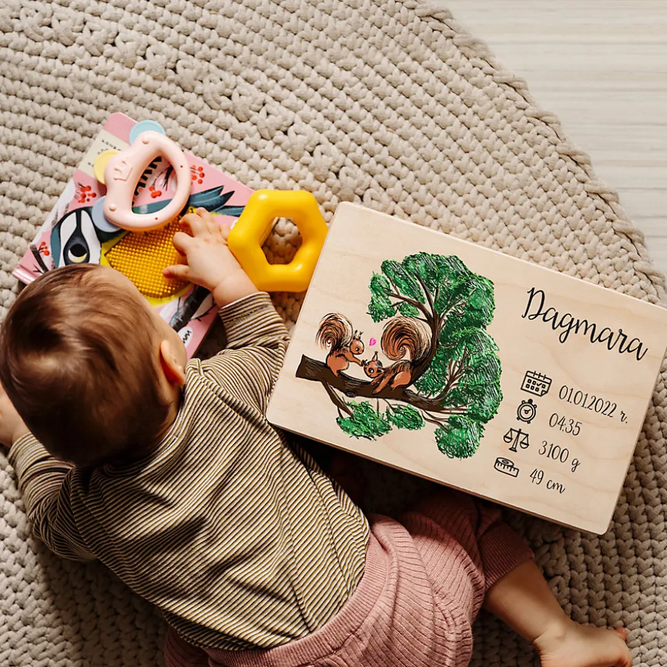 Creative Deco Boîte en Bois Personnalisée pour Naissance - Motif Écureuil - 30 x 20 x 14 cm - Cadeau Souvenir Bébé Personnalisable