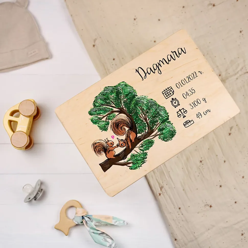 Creative Deco Boîte en Bois Personnalisée pour Naissance - Motif Écureuil - 30 x 20 x 14 cm - Cadeau Souvenir Bébé Personnalisable