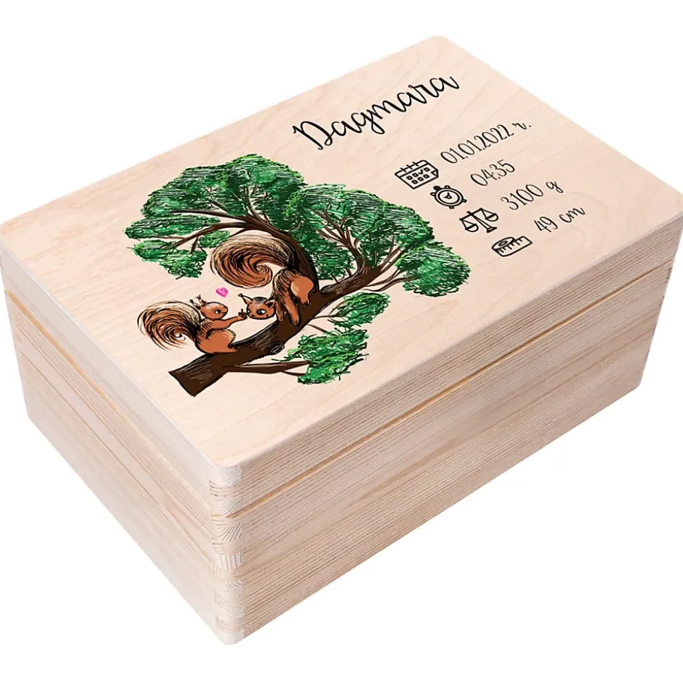 Creative Deco Boîte en Bois Personnalisée pour Naissance - Motif Écureuil - 30 x 20 x 14 cm - Cadeau Souvenir Bébé Personnalisable