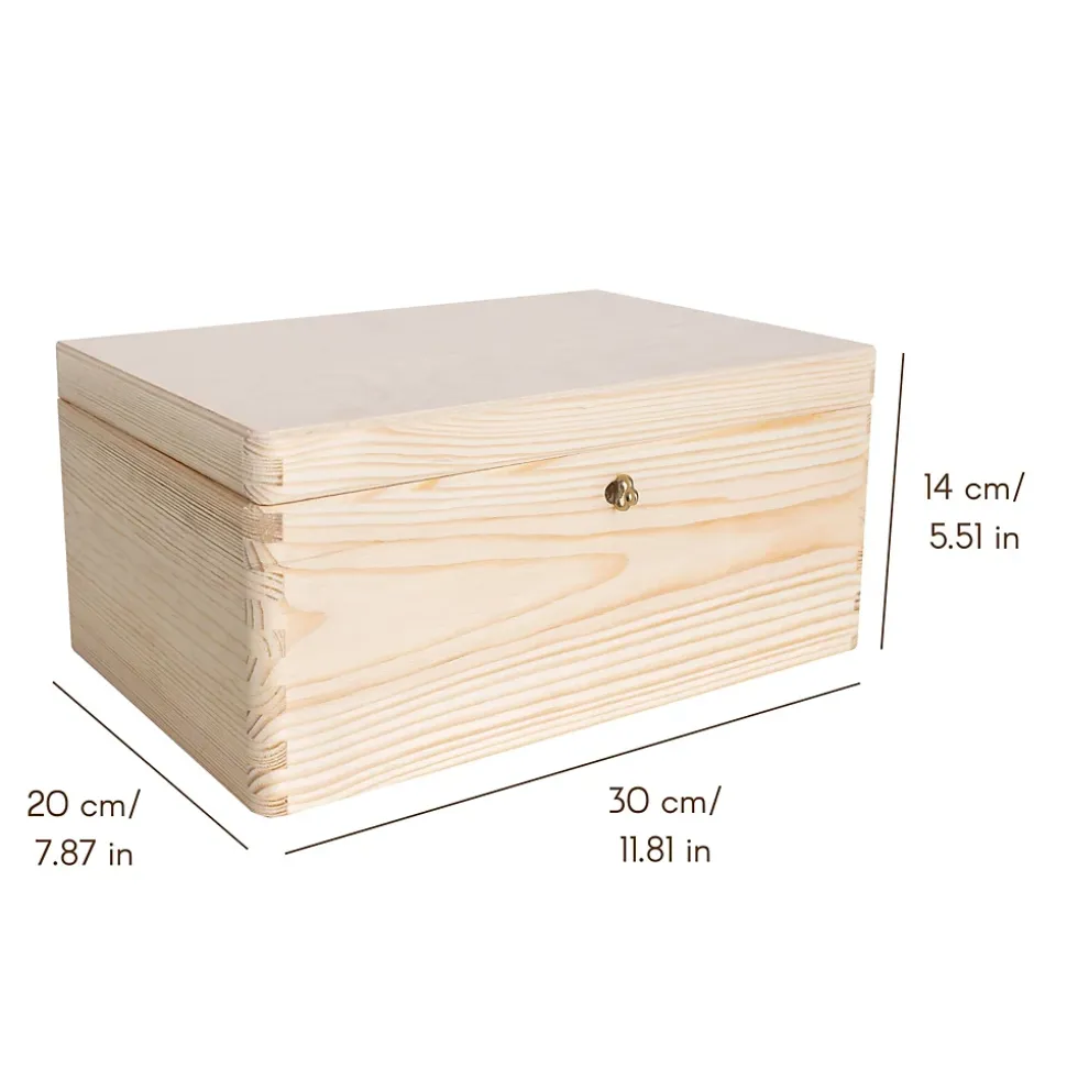 Creative Deco Boîte en Bois avec Clé - 30 x 20 x 14 cm - Boîte de Rangement Non Peinte et Brut - Coffre à Souvenirs avec Couvercle