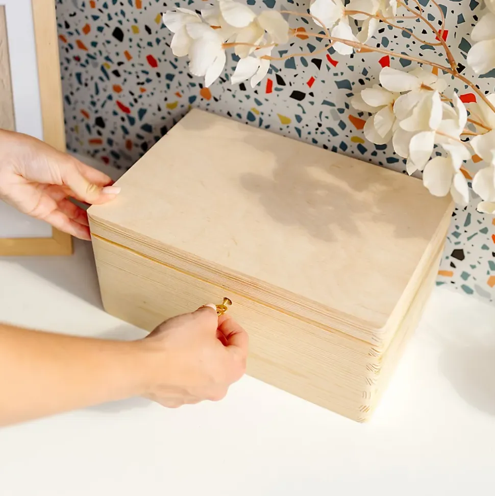 Creative Deco Boîte en Bois avec Clé - 30 x 20 x 14 cm - Boîte de Rangement Non Peinte et Brut - Coffre à Souvenirs avec Couvercle