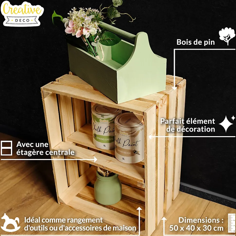 Creative Deco Caisse en Bois Naturel avec Etagere 50 x 40 x 30 cm - Caisse Bois Rangement Vintage - Cagette Bois Deco - Caisse Vin