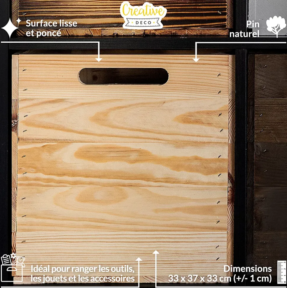 Creative Deco Caisse en Bois Naturel Compatible Étagères KALLAX et EXPIDIT 33 x 37 x 33 cm - Cube de Rangement - Kallax Rangement