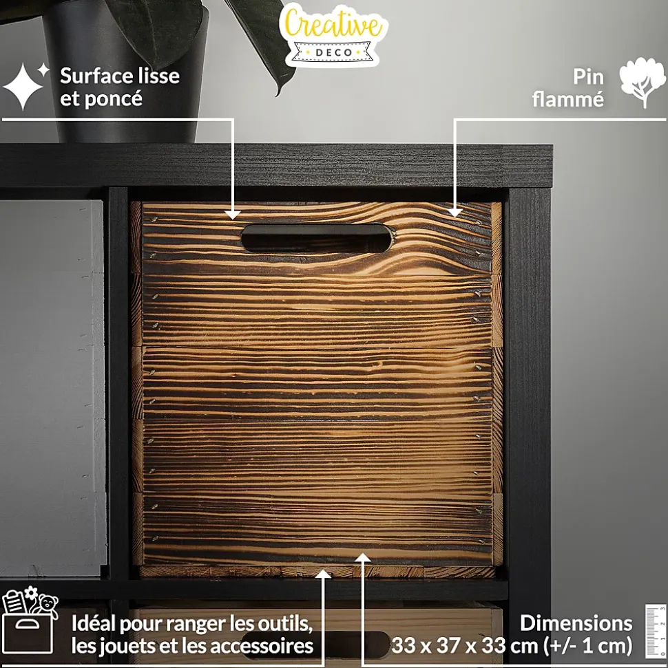 Creative Deco Caisse en Bois Flammé Compatible Étagères KALLAX et EXPIDIT 33 x 37 x 33 cm - Cube de Rangement - Kallax Rangement