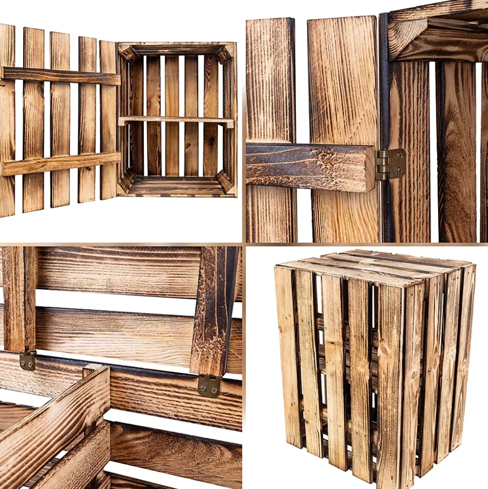 Creative Deco Coffre en Bois Flammé avec Étagère - 50 x 40 x 30 cm - Boîte Vintage Murale pour Rangement Cadeaux, Outils et Jouets