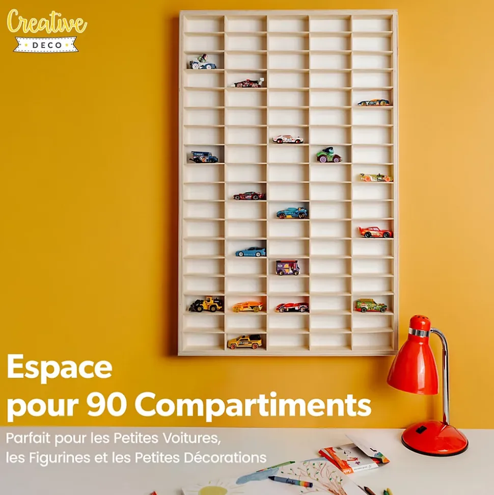 Creative Deco Etagere Murale en Bois pour 90 Voitures de Collection - Compartiments Ajustables, Vitrine Verticale 79x50x4,5 cm