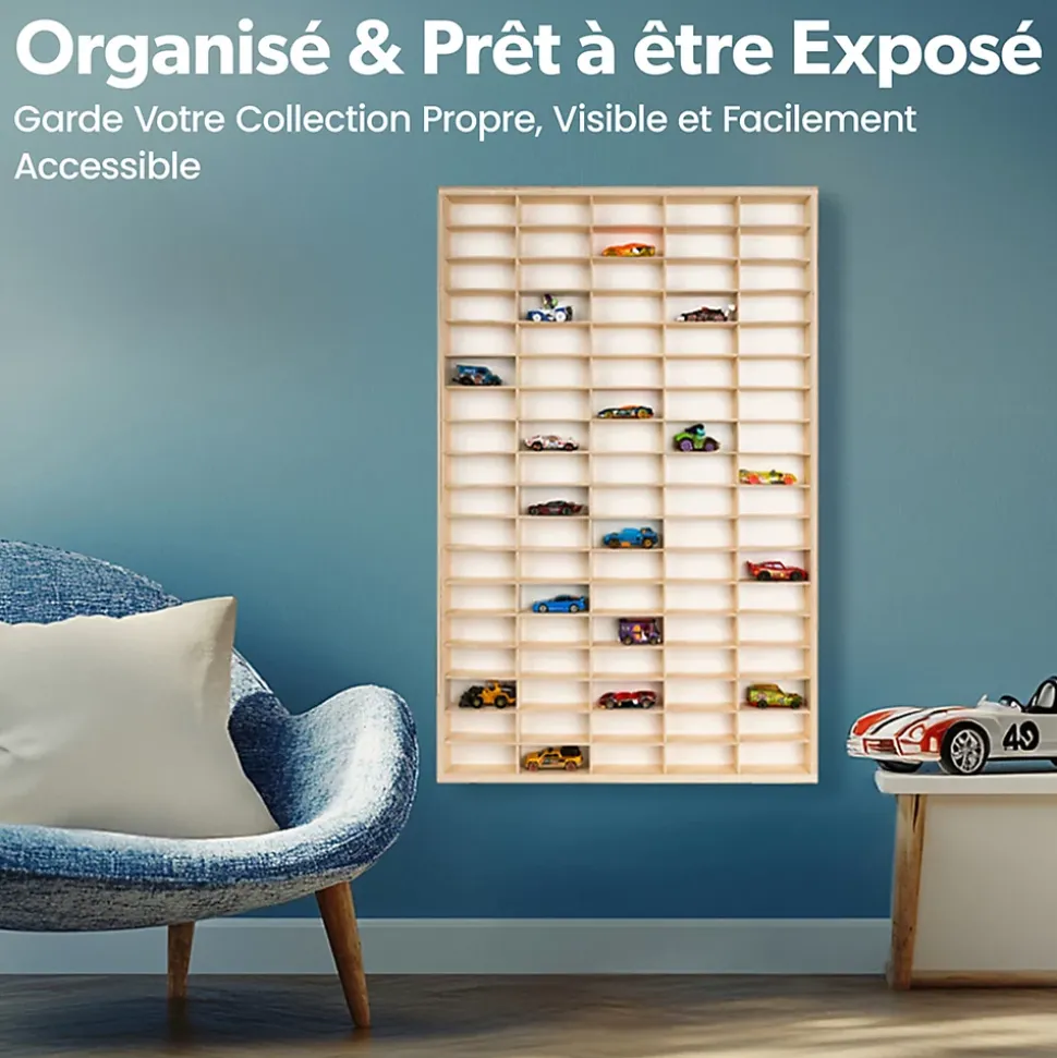Creative Deco Etagere Murale en Bois pour 90 Voitures de Collection - Compartiments Ajustables, Vitrine Verticale 79x50x4,5 cm
