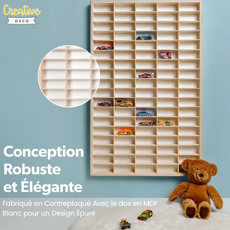 Creative Deco Etagere Murale en Bois pour 90 Voitures de Collection - Compartiments Ajustables, Vitrine Verticale 79x50x4,5 cm