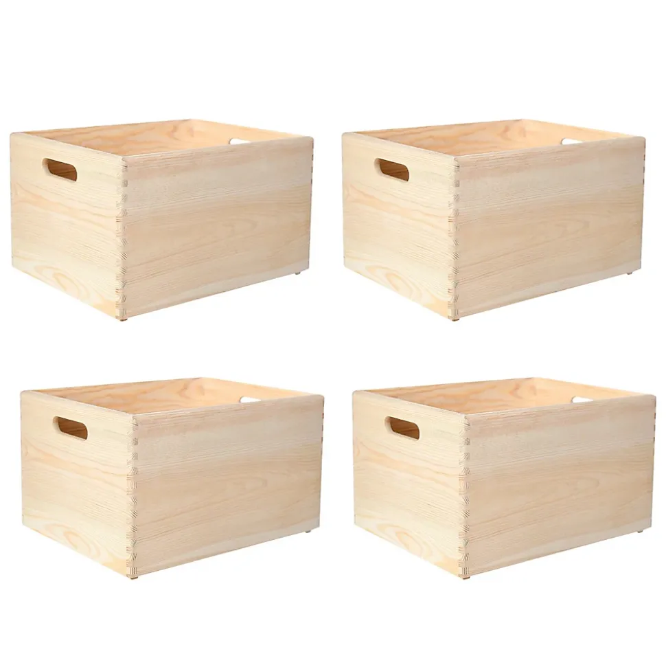 Creative Deco Lot de 4 Caisses en Bois avec Poignées - 40 x 30 x 24 cm - Boîte de Rangement Cuisine et Bureau