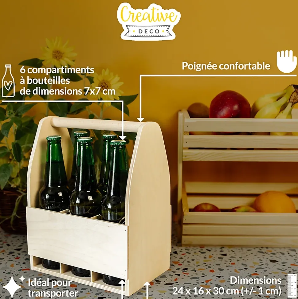 Creative Deco Porte-Bière en Bois pour 6 Bouteilles - Coffret 24x16x30 cm - Panier Cadeau Homme - Range-Bouteilles Pratique