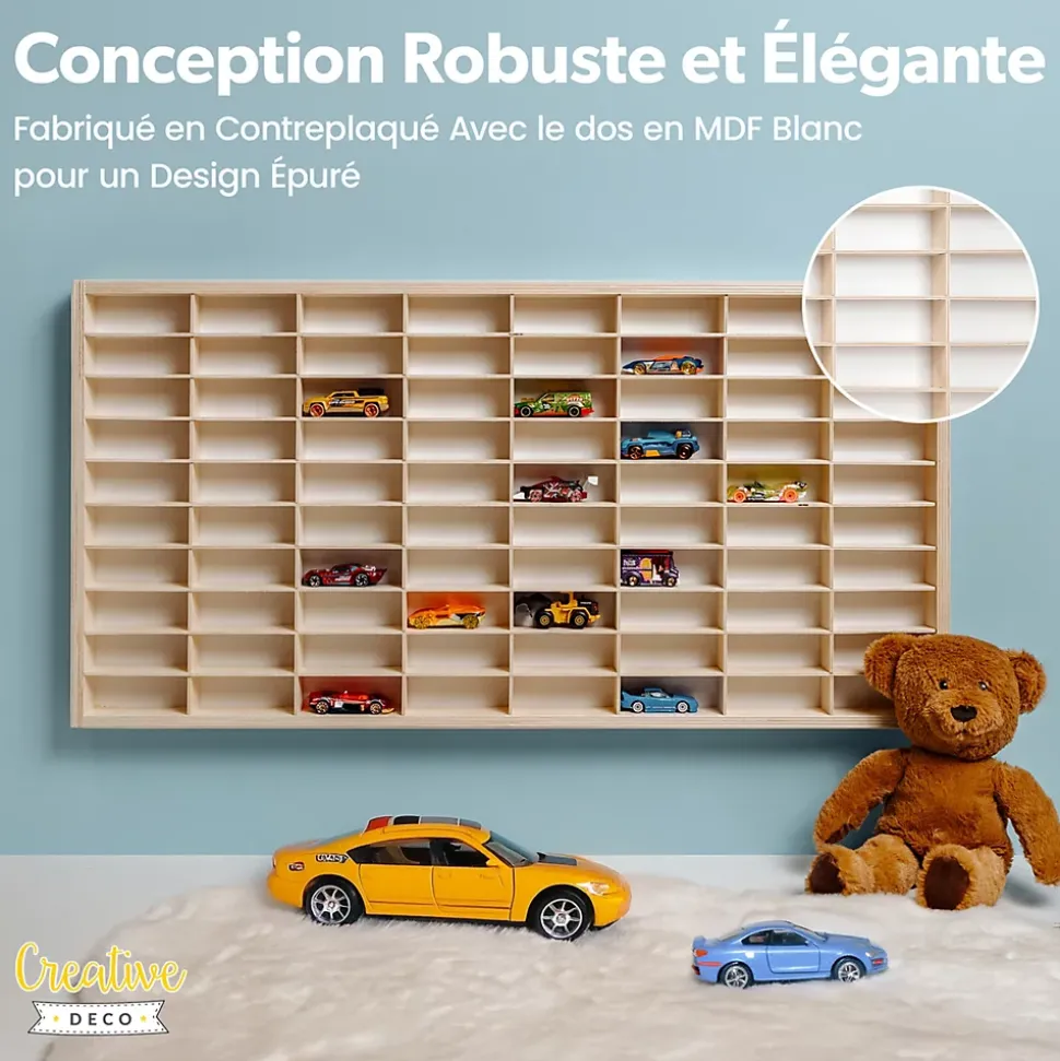 Creative Deco Étagère Murale en Bois pour 80 Voitures de Collection - Compartiments Ajustables Vitrine Verticale 78,5 x 40 x 4,5cm