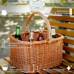Creative Home Panier à Bouteilles en Osier 6 Compartiments - 40 x 31 x 38 cm (+/- 2 cm) - Tissé à la Main - Sac de Transport