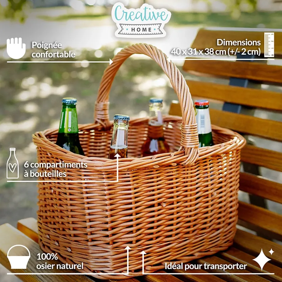 Creative Home Panier à Bouteilles en Osier 6 Compartiments - 40 x 31 x 38 cm (+/- 2 cm) - Tissé à la Main - Sac de Transport