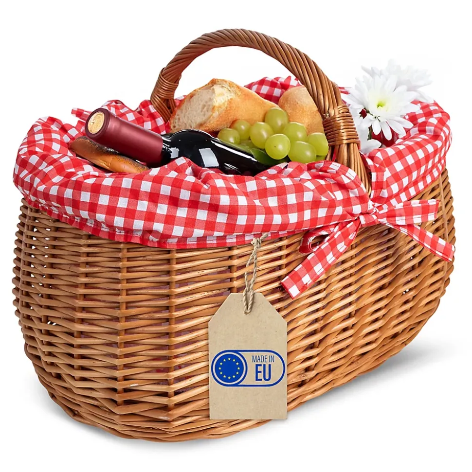 Creative Home Panier de Pique-Nique en Osier avec Poignée - Carreaux Rouges - 45 x 32 x 34 cm (+/- 2 cm) - Tressé à la Main