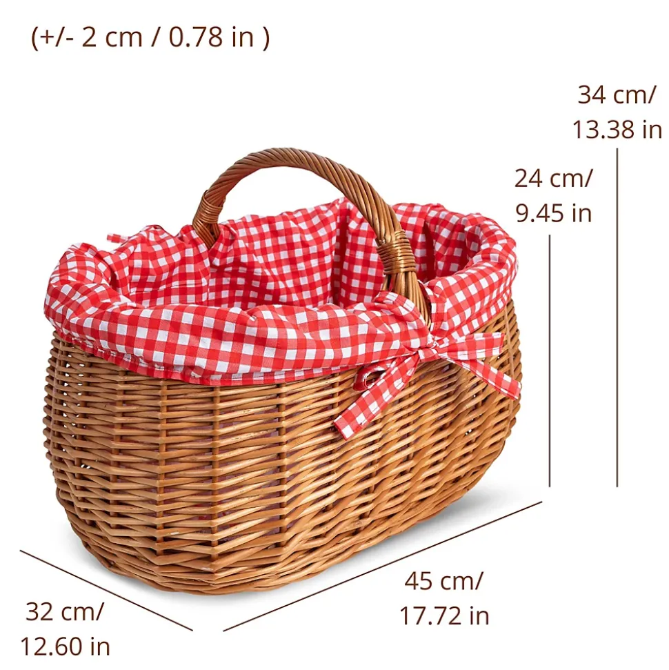 Creative Home Panier de Pique-Nique en Osier avec Poignée - Carreaux Rouges - 45 x 32 x 34 cm (+/- 2 cm) - Tressé à la Main