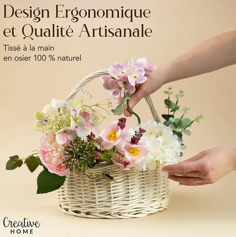 Creative Home Panier en Osier Blanc avec Poignée - 30x30x32 cm (+/- 2 cm) - Panier de Pâques, Jardin, Pique-Nique - Fait Main
