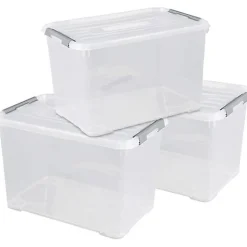 Curver Handy Lot de 3 bacs plastiques empilables transparents 65 L, fermeture à clips, modulaires (400 x 390 x 600 mm)