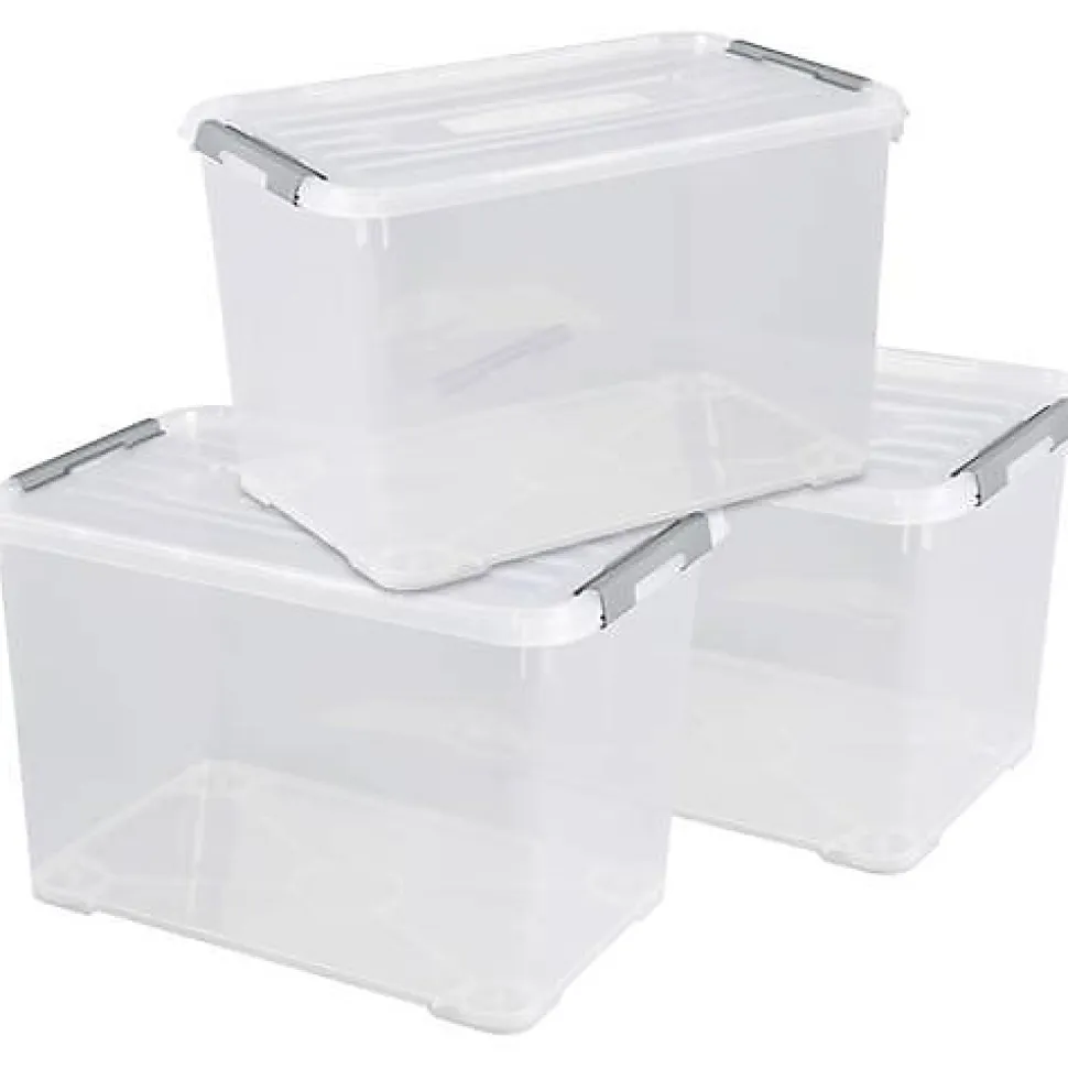 Curver Handy Lot de 3 bacs plastiques empilables transparents 65 L, fermeture à clips, modulaires (400 x 390 x 600 mm)
