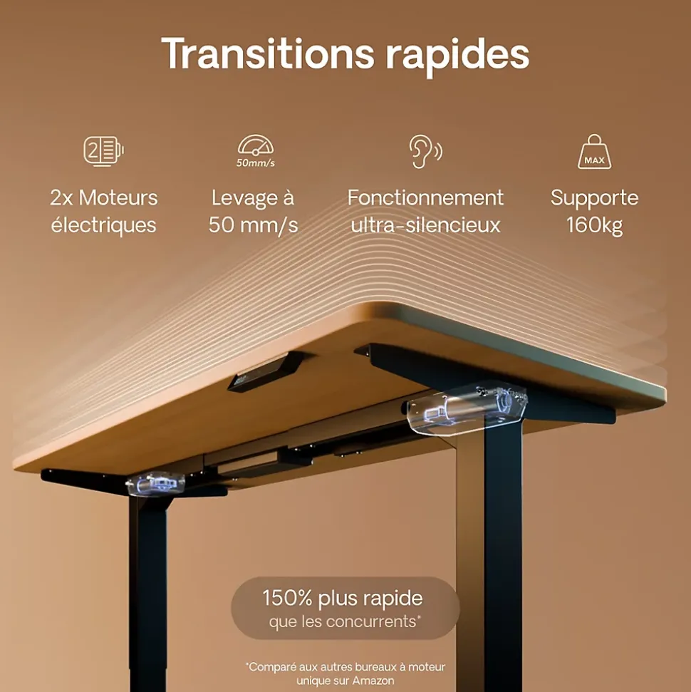Desktronic Bureau assis debout HomePro 200x80cm - Électrique Réglable en Hauteur - Chargeur USB/USB-C - Noir/Chêne